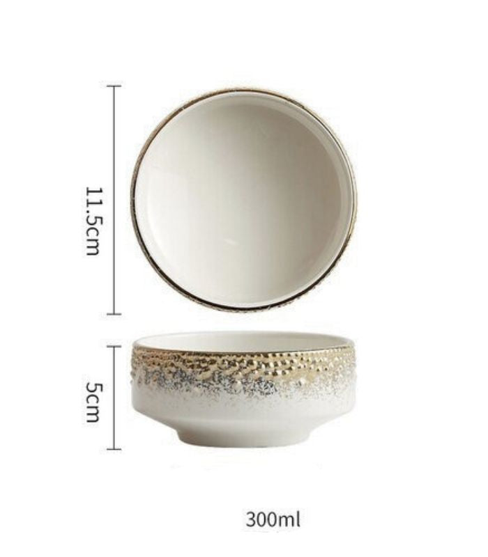 Japanese Style Ceramic Round Dinnerware Set in Gold and White Bowl