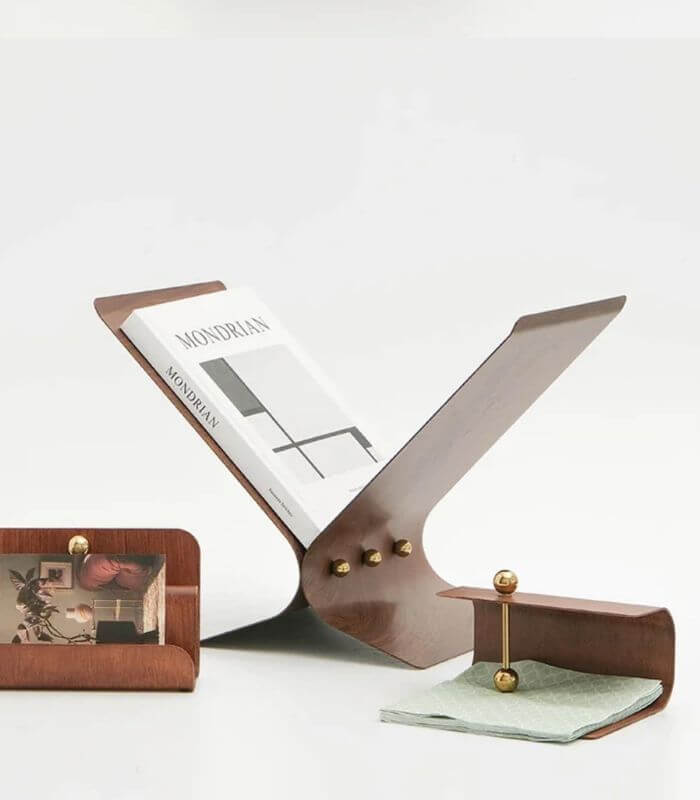 Modern Magazine Holder | Metallic Wood Grain Stand | Contemporary Display Rack