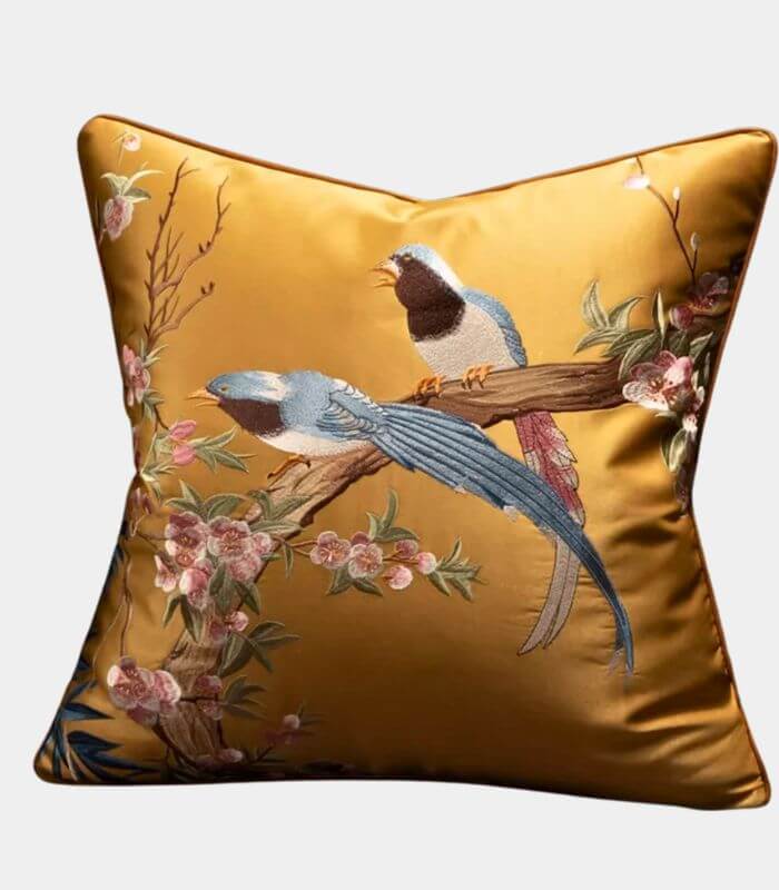 Handcrafted Oriental Bird Silk Satin Cushion Cover Embroidered Decorative Pillow Case 45 cm