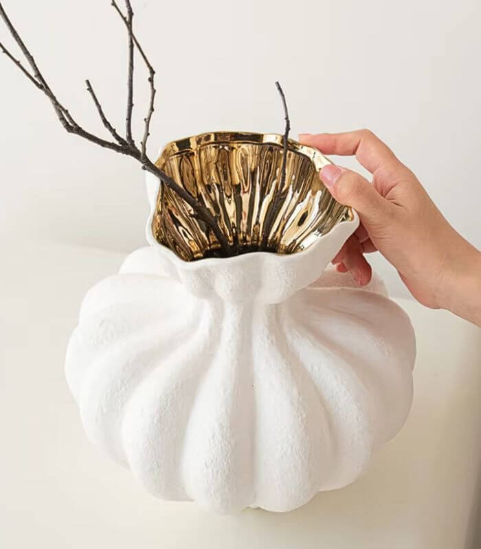 Delmara Tabletop Vase Textured White & Gold Ceramic 23 cm