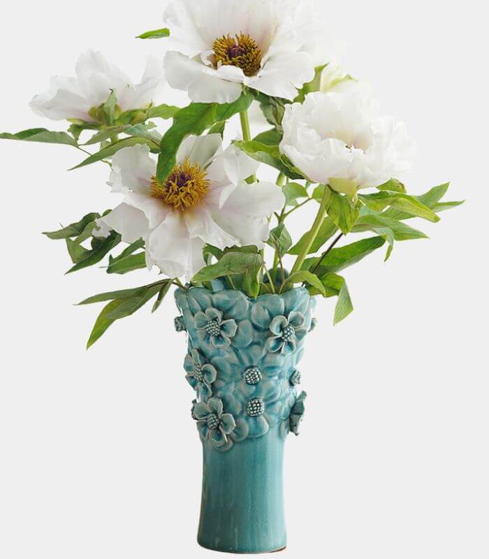 Flora Handcrafted Porcelain Flower Vase - 3D Floral Relief, Crackle Glaze Finish 19.5 cm