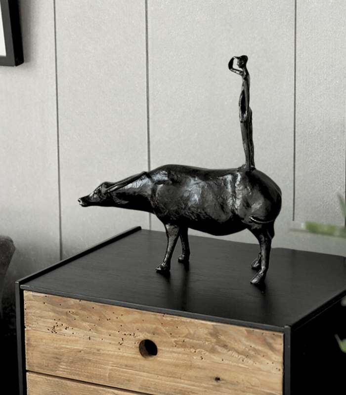 Modern Abstract Man and Bull Resin Sculpture - Striking Black Finish