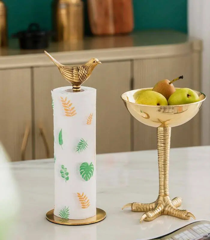 Brass Kitchen Paper Towel Holder with Decorative Bird Top