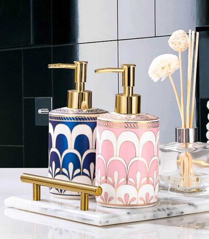 Liquid Soap Dispenser Ceramic Lotion Pump Blue & White 18 cm