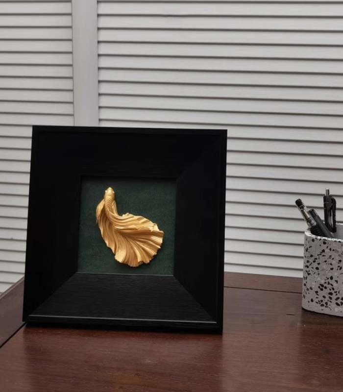 Elegant Betta Fish Wall Art - Hand-Painted Gold Sculpture in Black Wooden Frame (23x23cm)