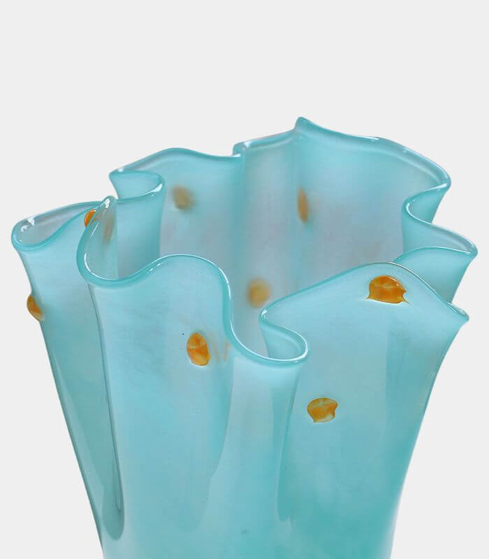 Handcrafted Turquoise Blue Glass Tabletop Vase with Gold Polka Dots - Modern Ruffled Design 34 cm