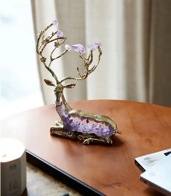 Enchanted Forest Deer Sculpture – Amethyst Crystal & Gold Alloy