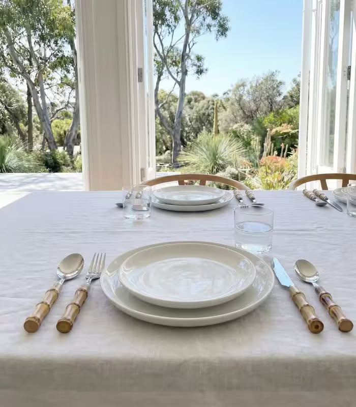 24 Pc Natural Bamboo Handle Cutlery Set Stainless Steel Flatware