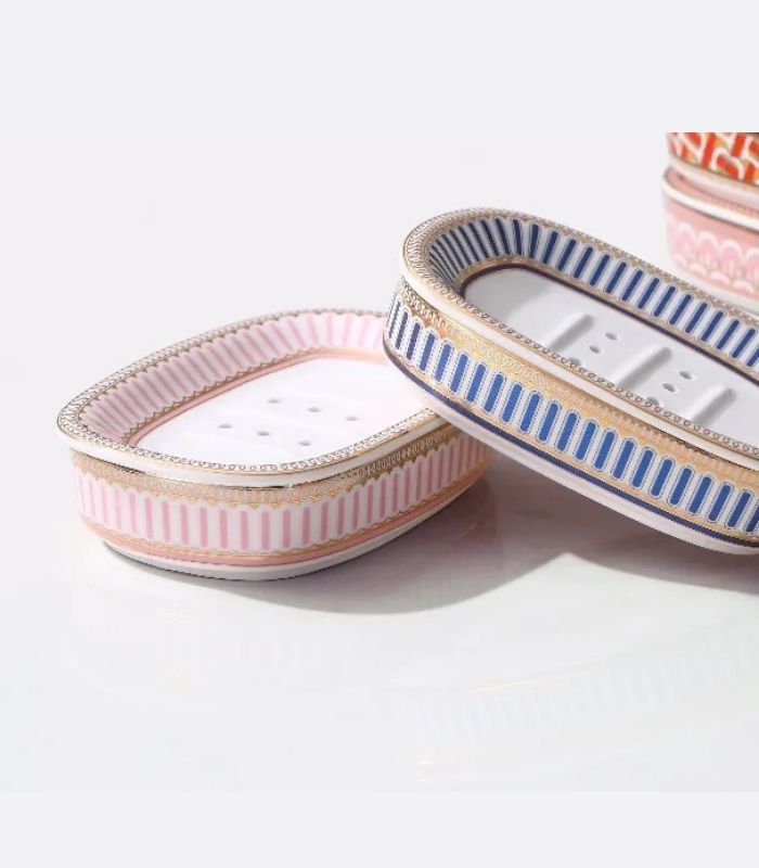 5-teiliges Badezimmer-Accessoires-Set, Keramik, Rosa & Weiß