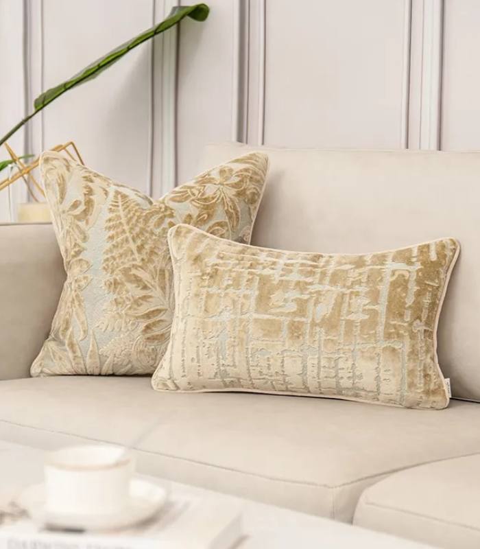 Velvet Floral Garden Cushion Cover Velvet Embroidery Beige