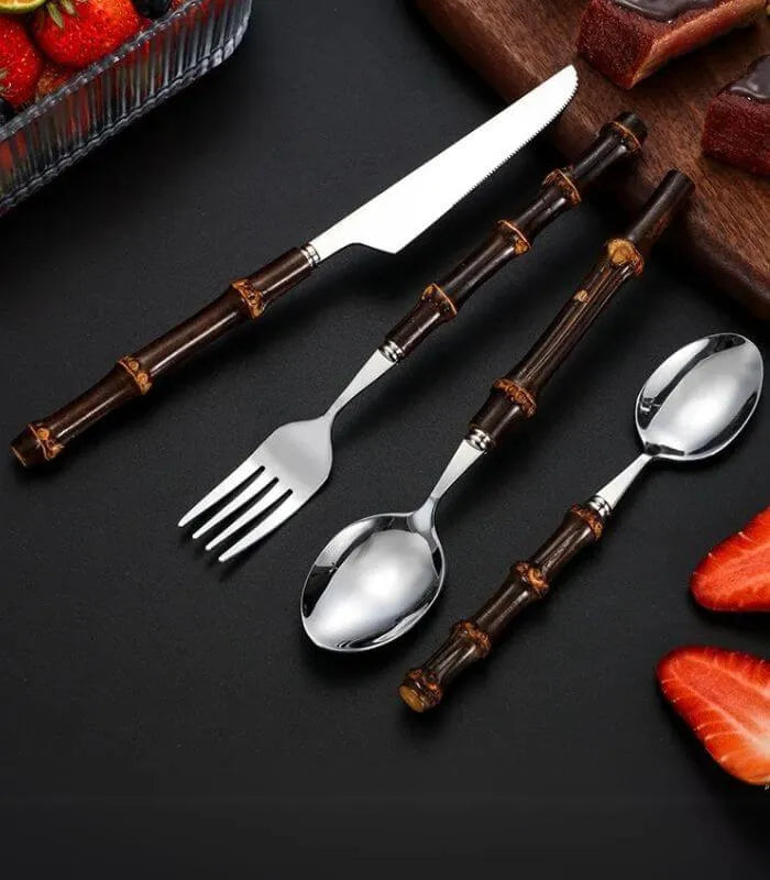 24 Pc Natural Bamboo Handle Cutlery Set Stainless Steel Flatware Dark Bamboo