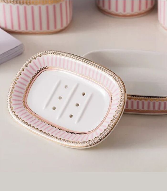 Seifenschale aus Keramik mit Abfluss, Rosa und Weiß, 13,8 cm