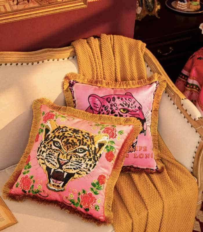 Pink Leopard Velvet Decorative Cushion Cover Fringed Edge Square 45 cm Pink & HotPink