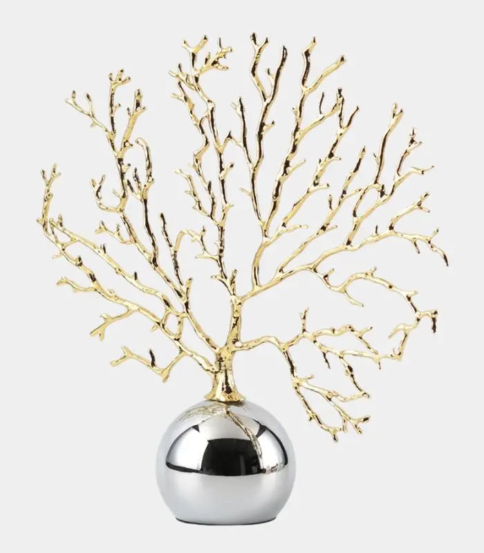 Auria Gold Coral Branch Sculpture – Metal Decorative Accent with Mirrored Sphere Base 35 cm