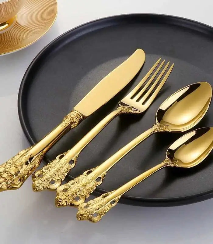 24 Pcs Flatware Vintage Cutlery Set Gold for 6 People 18/10 Stainless Steel