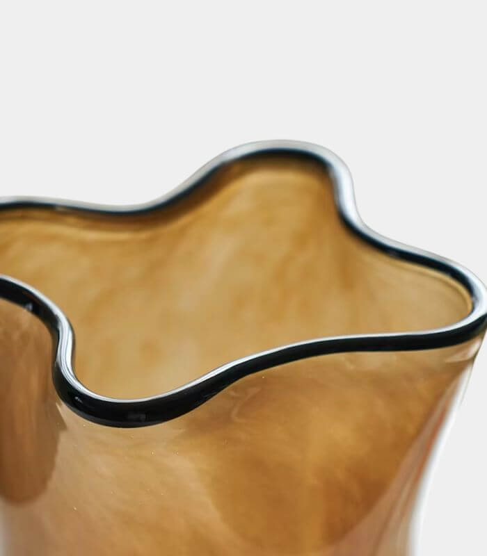 Smoky Brown Artisanal Glass Vase Terra Wave with Black Rim Detail Large 30 cm
