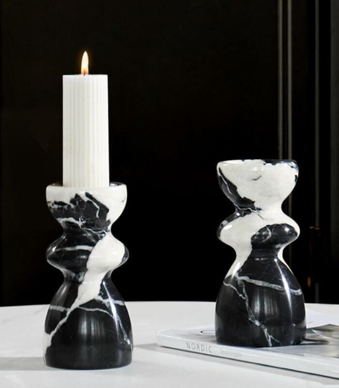 Modern Black & White Marble Candle Holder - Natural Stone Hourglass Design (5.9" Height)