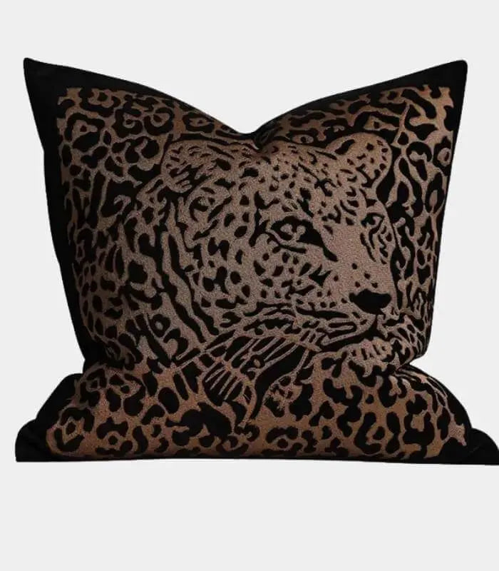 Panthera Embroidered Velvet Cushion – Leopard Portrait Design Black