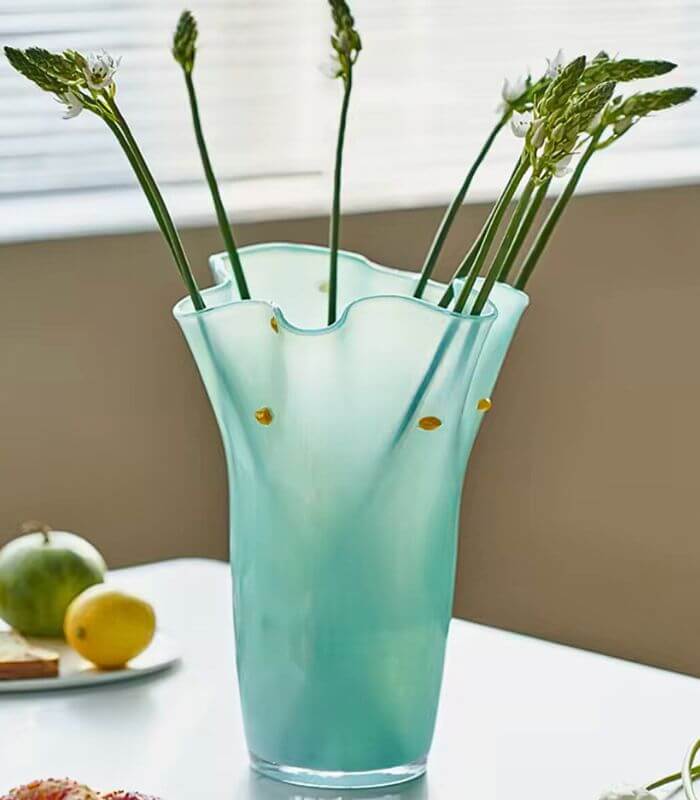 Handcrafted Turquoise Blue Glass Tabletop Vase with Gold Polka Dots - Modern Ruffled Design 34 cm