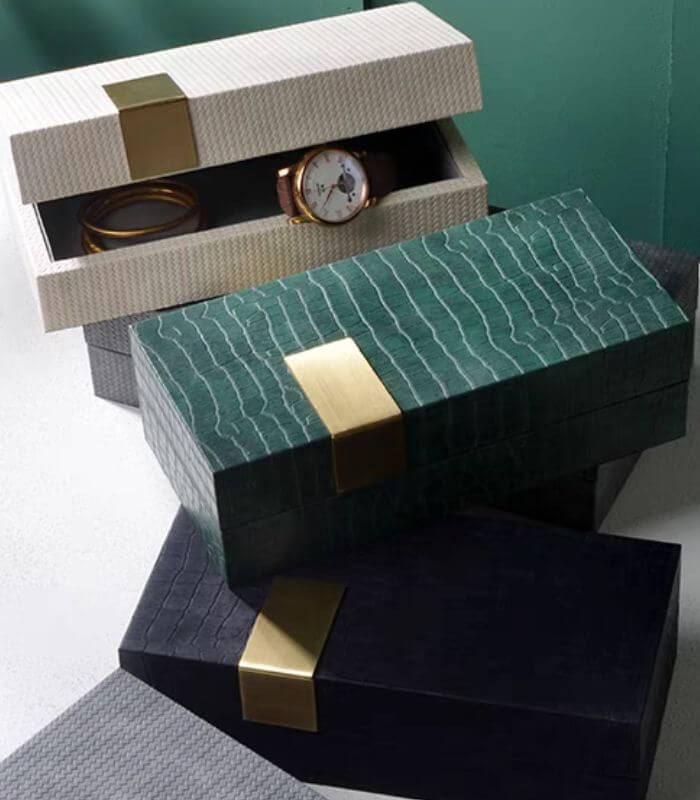 JEWELLERY & WATCH STORAGE BOX DECORATIVE LEATHER BOX BLACK GOLD