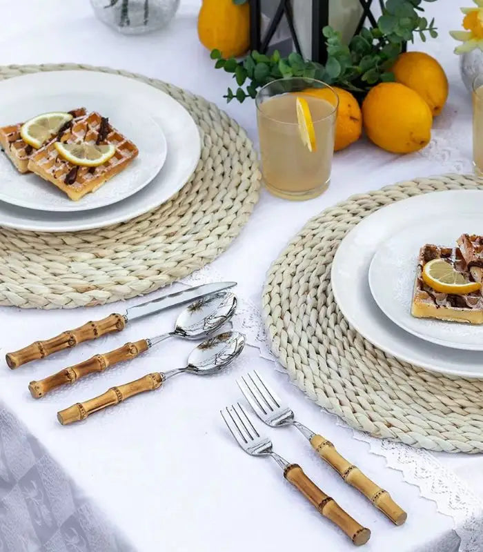 24 Pc Natural Bamboo Handle Cutlery Set Stainless Steel Flatware