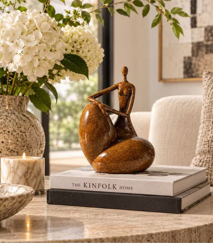 Delphine Resin Abstract Figure Sculpture | Seated Decorative Statue in Caramel Brown 22 cm / 8.7 in