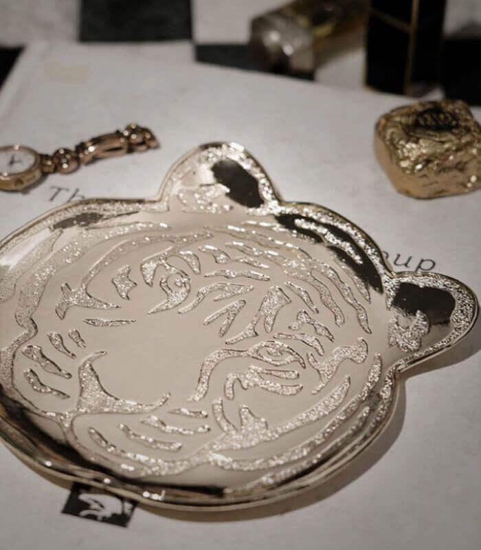 Tiger Embossed Metal Jewelry Tray - Elegant Decorative Catchall Dish