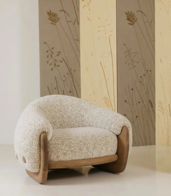 Modern Sculptural Lounge Chair – Contemporary Ash Wood & Bouclé Design