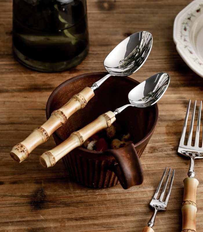 Natural Bamboo Flatware Set 18/10 Stainless Steel with Steak Knives, Bamboo Flatware Set