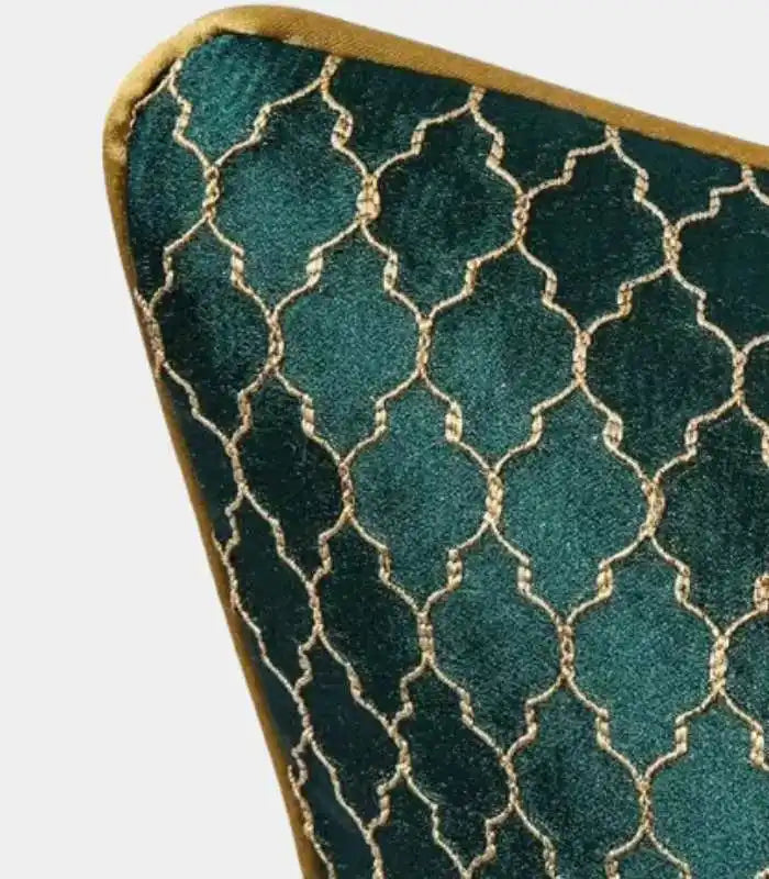 Moroccan Lattice Cushion Cover – Emerald & Gold Embroidered
