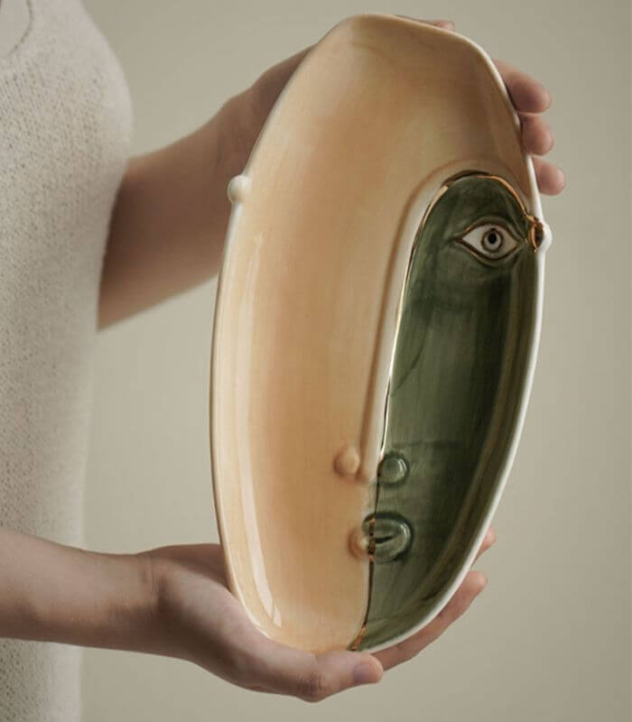 Artisanal Dual-Tone Face Ceramic Decorative Dish | Modern Abstract Art Catchall Tray