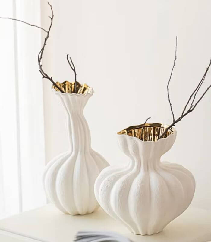 Delmara Tabletop Vase Textured White & Gold Ceramic 23 cm