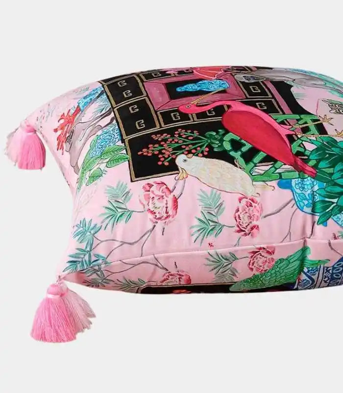 Velvet Cushion Cover with Whimsical Monkey and Fauna Print