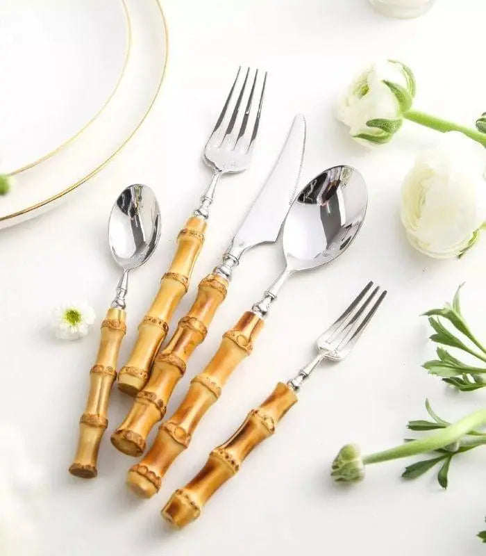 20 Pcs Cutlery Set Natural Bamboo Handle Stainless Steel Flatware