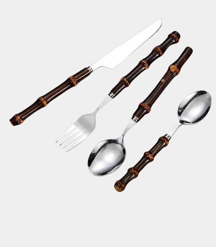24 Pc Natural Bamboo Handle Cutlery Set Stainless Steel Flatware Dark Bamboo