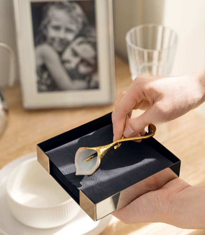 Handcrafted Stainless Steel Napkin Holder with Hand-Painted Golden Calla Lily - 13x13cm