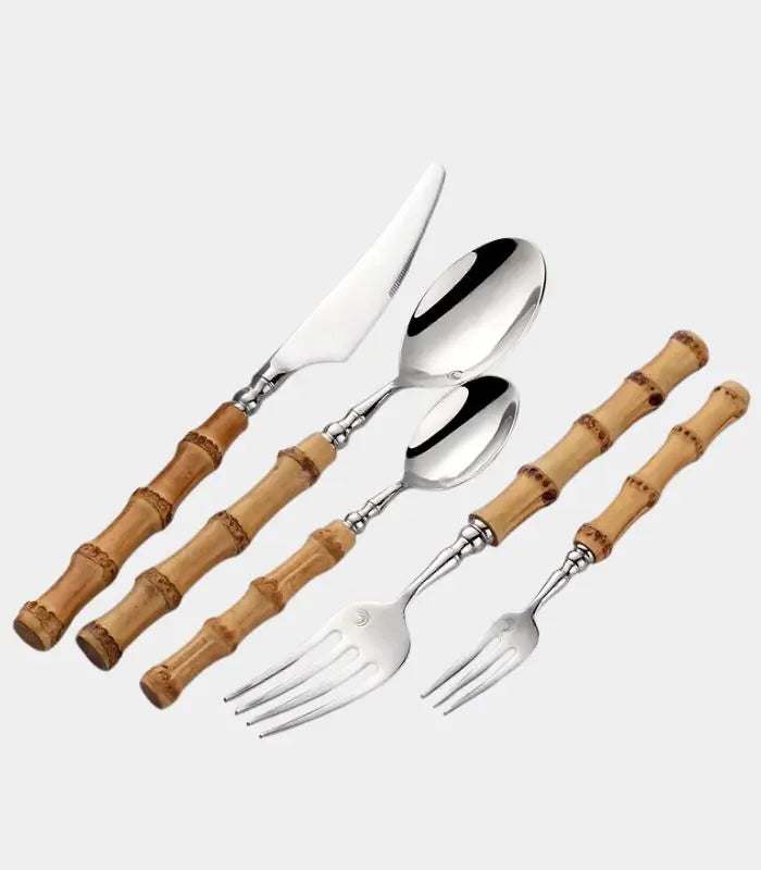 Cutlery Set Natural Bamboo Handle 304 Stainless Steel Silver