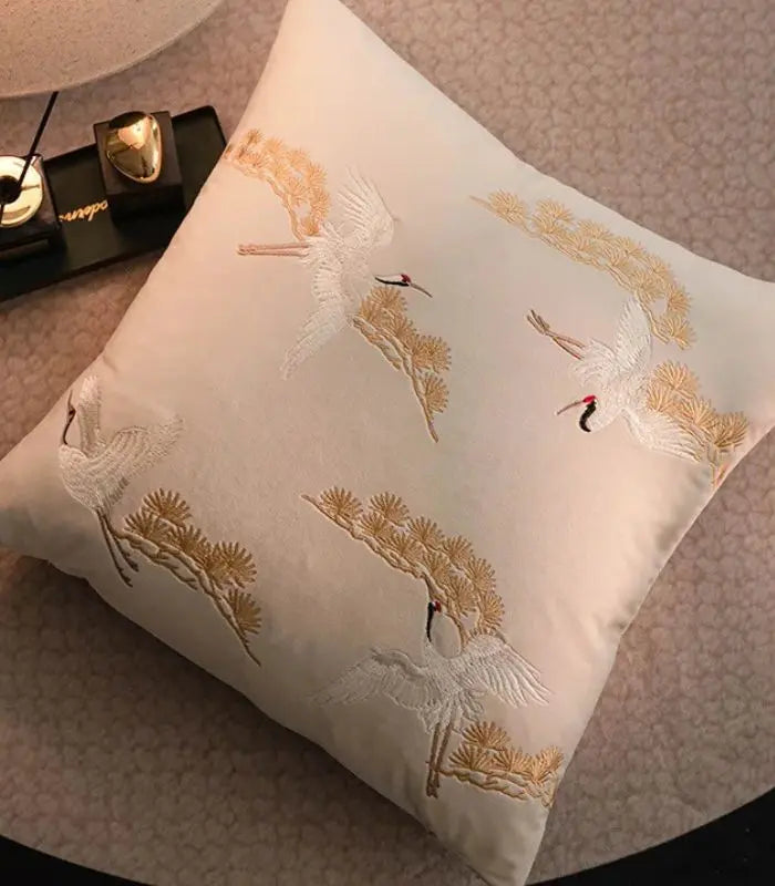 Embroidered Crane Velvet Cushion Cover – Japanese-Inspired Bird Design
