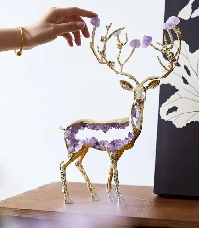 Enchanted Forest Deer Sculpture – Amethyst Crystal & Gold Alloy