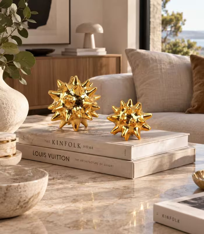 Astra Gold Resin Sculptural Object – Sea Urchin-Form Decorative Sphere, 2 Sizes