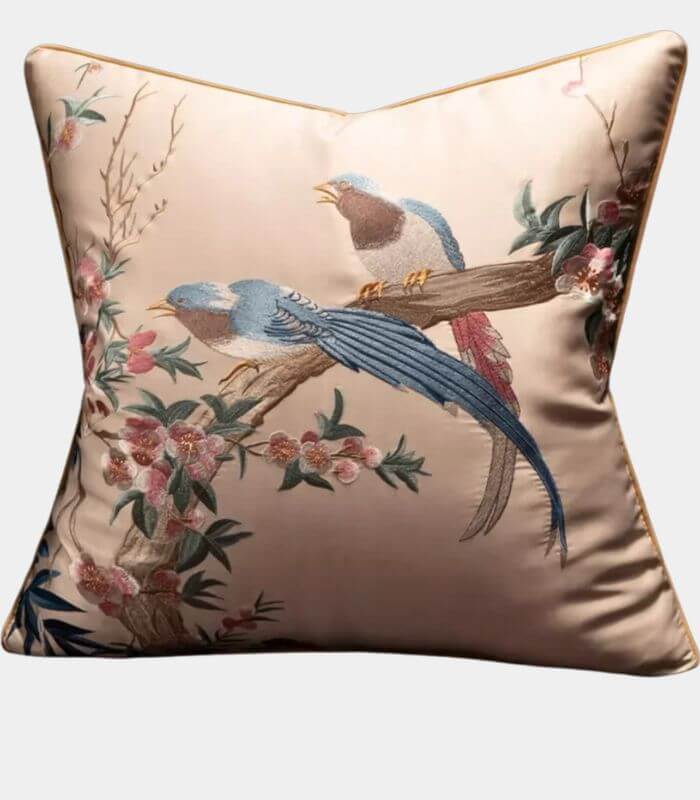 Handcrafted Oriental Bird Silk Satin Cushion Cover Embroidered Decorative Pillow Case 45 cm