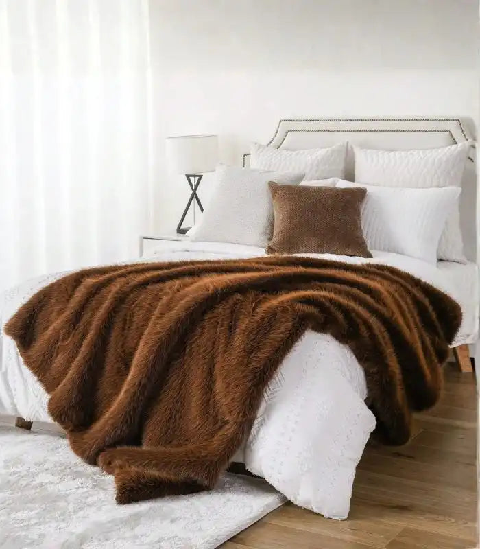 Coffee Brown Faux Fur Throw Blanket – Luxurious Textured Design
