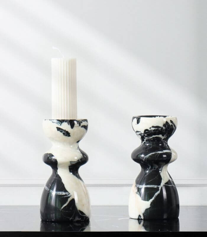 Modern Black & White Marble Candle Holder - Natural Stone Hourglass Design (5.9" Height)