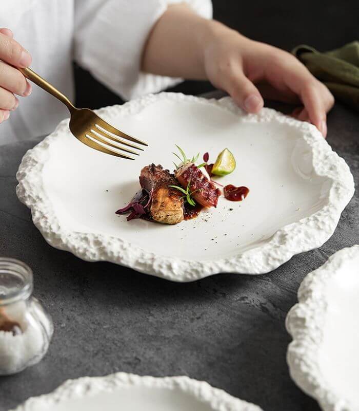 Handcrafted Ceramic Dinnerware Plate- Organic Hammered Design White