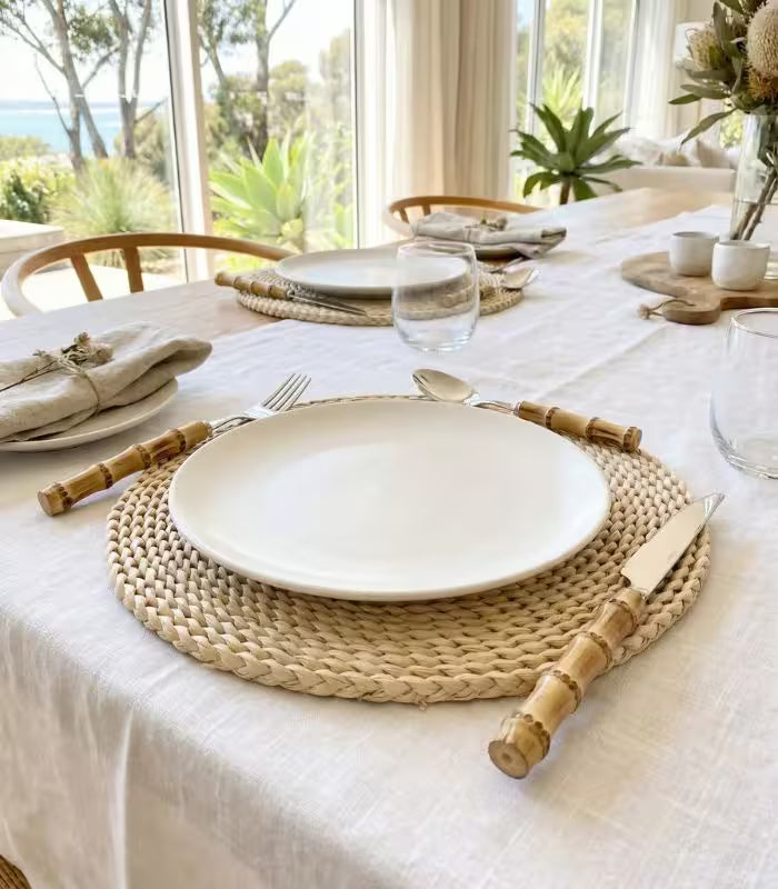 24 Pc Natural Bamboo Handle Cutlery Set Stainless Steel Flatware