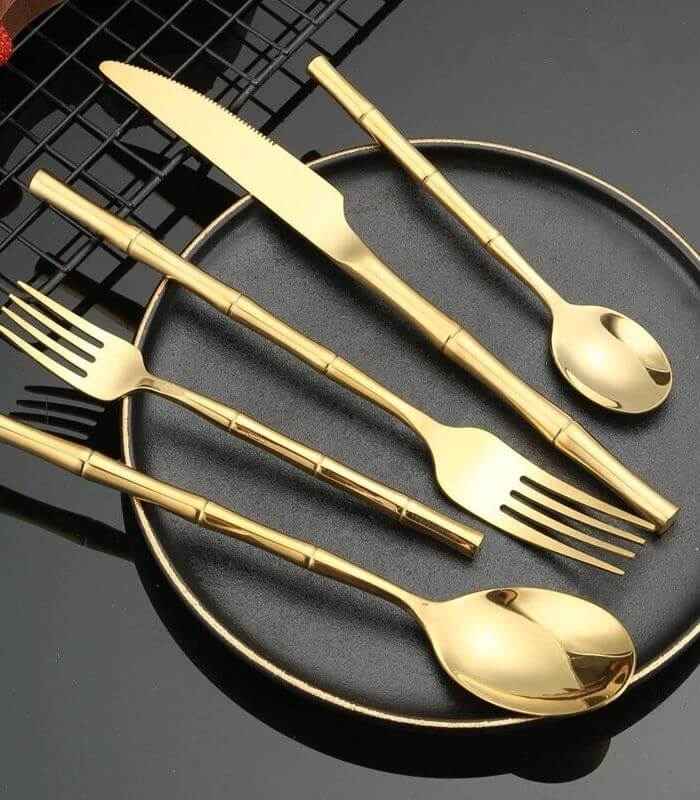 30 Pcs Stainless Steel Cutlery Set for 6 Bamboo Handle Style