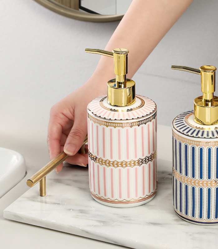 Liquid Soap Dispenser Ceramic Lotion Pump Pink & White 18 cm