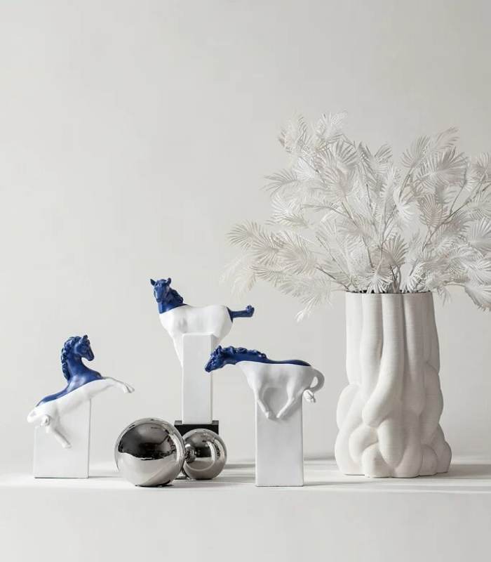 Abstract Horse Decorative Sculpture Resin White & Blue