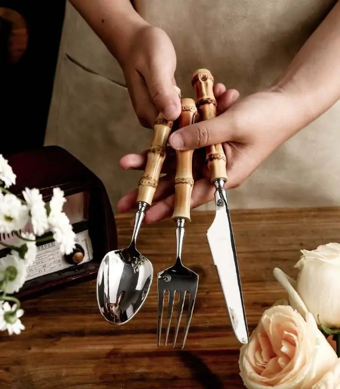 Natural Bamboo Flatware Set 18/10 Stainless Steel with Steak Knives, Bamboo Flatware Set