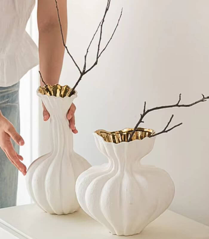 Delmara Tabletop Vase Textured White & Gold Ceramic 23 cm